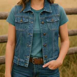 Blue Casual Denim Jacket Vacay Cowgirl Button Closure Washed Vest Top Size Small